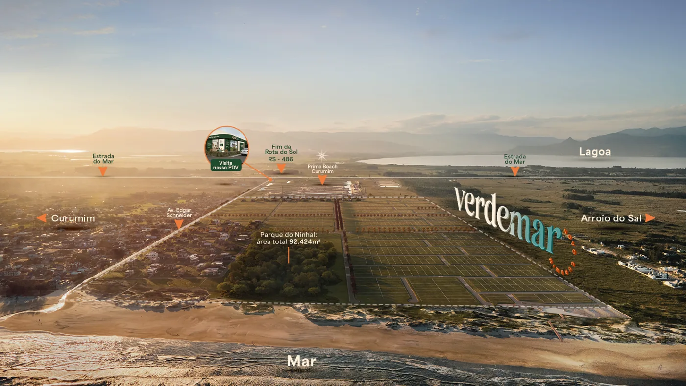 Mapa de localização do Verde Mar entre o mar, a lagoa, Curumim e Arroio do Sal